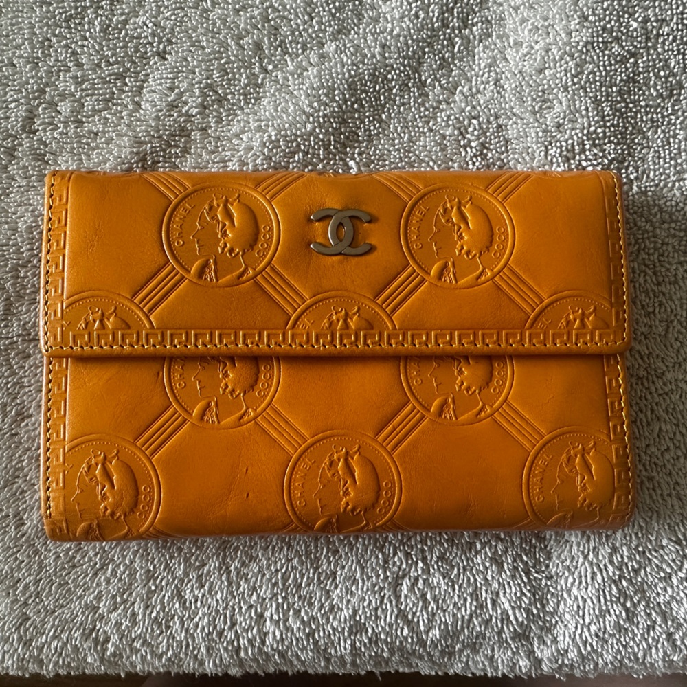 CHANEL Coco Chanel Mustard Monogrammed Bust & Logo Trifold Wallet